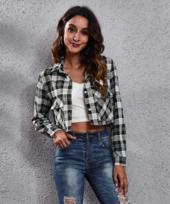 Plaid Zebra Print Pocket Long Sleeve Shirt Cropped Top Cardigan Thin Outerwear