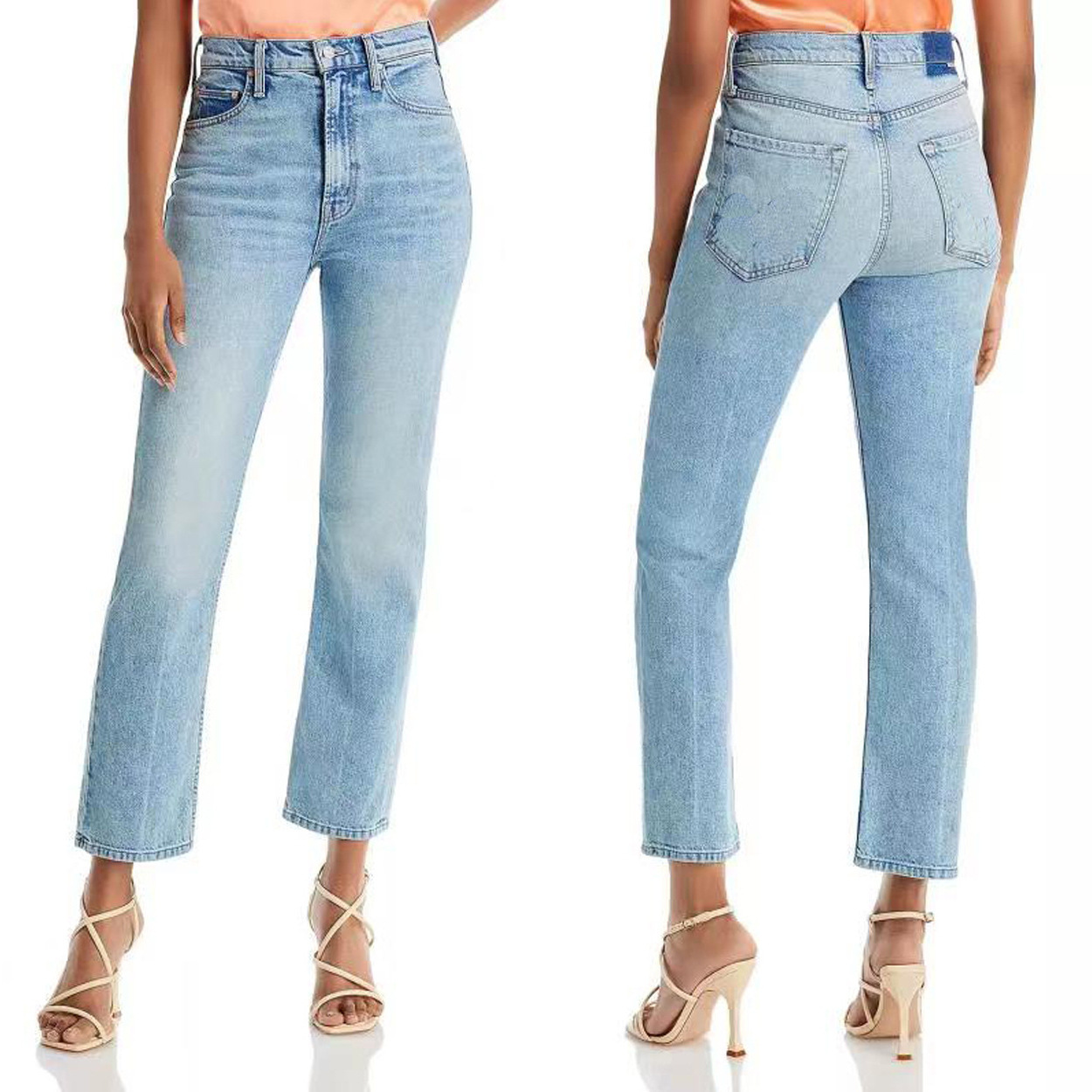 High Waist Light Blue Stretch Slim-fitting Small Straight Cropped Jeans For Women