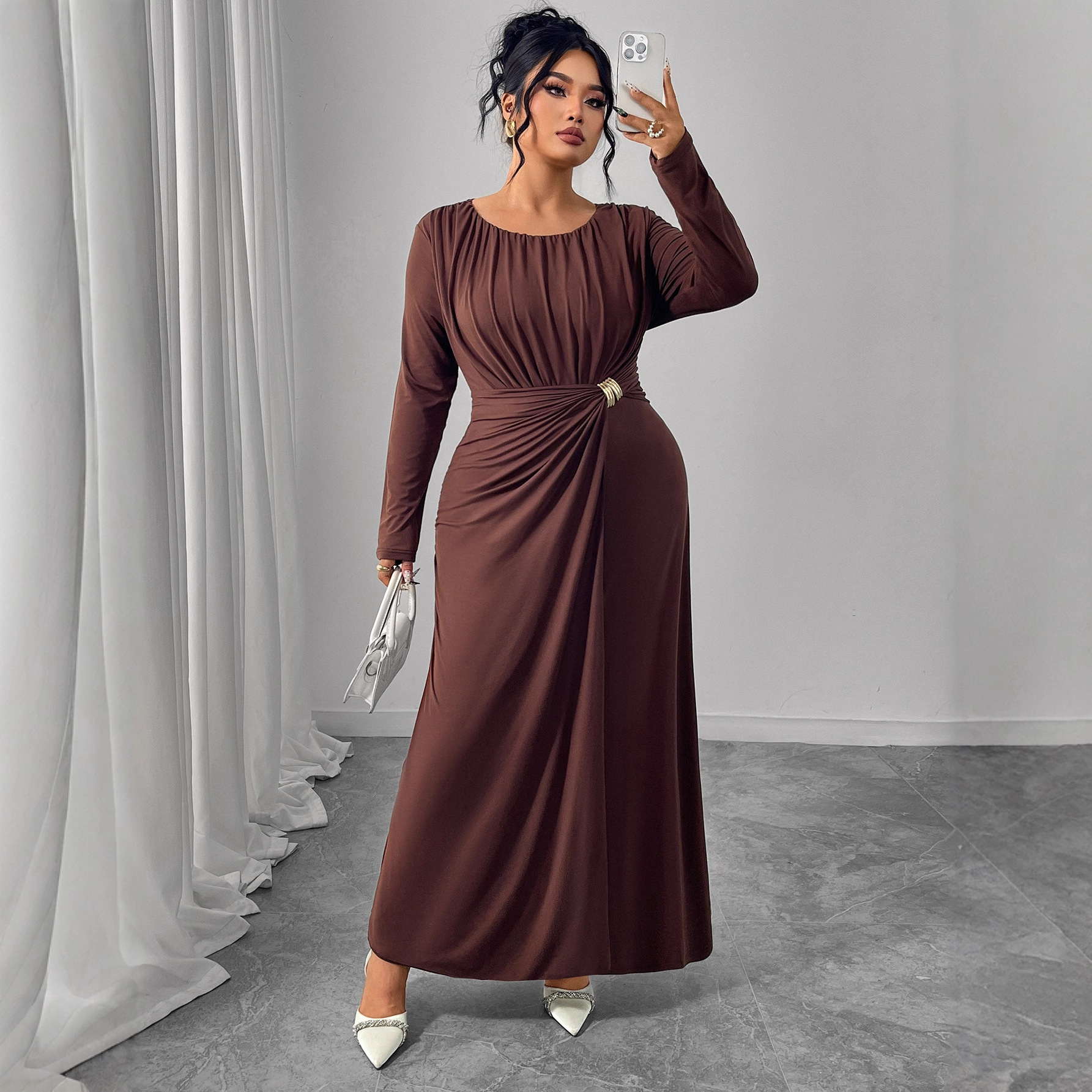 Fashion Coffee Color Dress For Women - Image 5