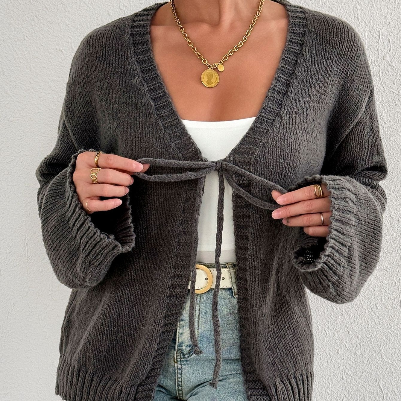 Sexy Deep V-neck Lace-up Knitted Solid Color Long Sleeve Sweater Coat - Image 4