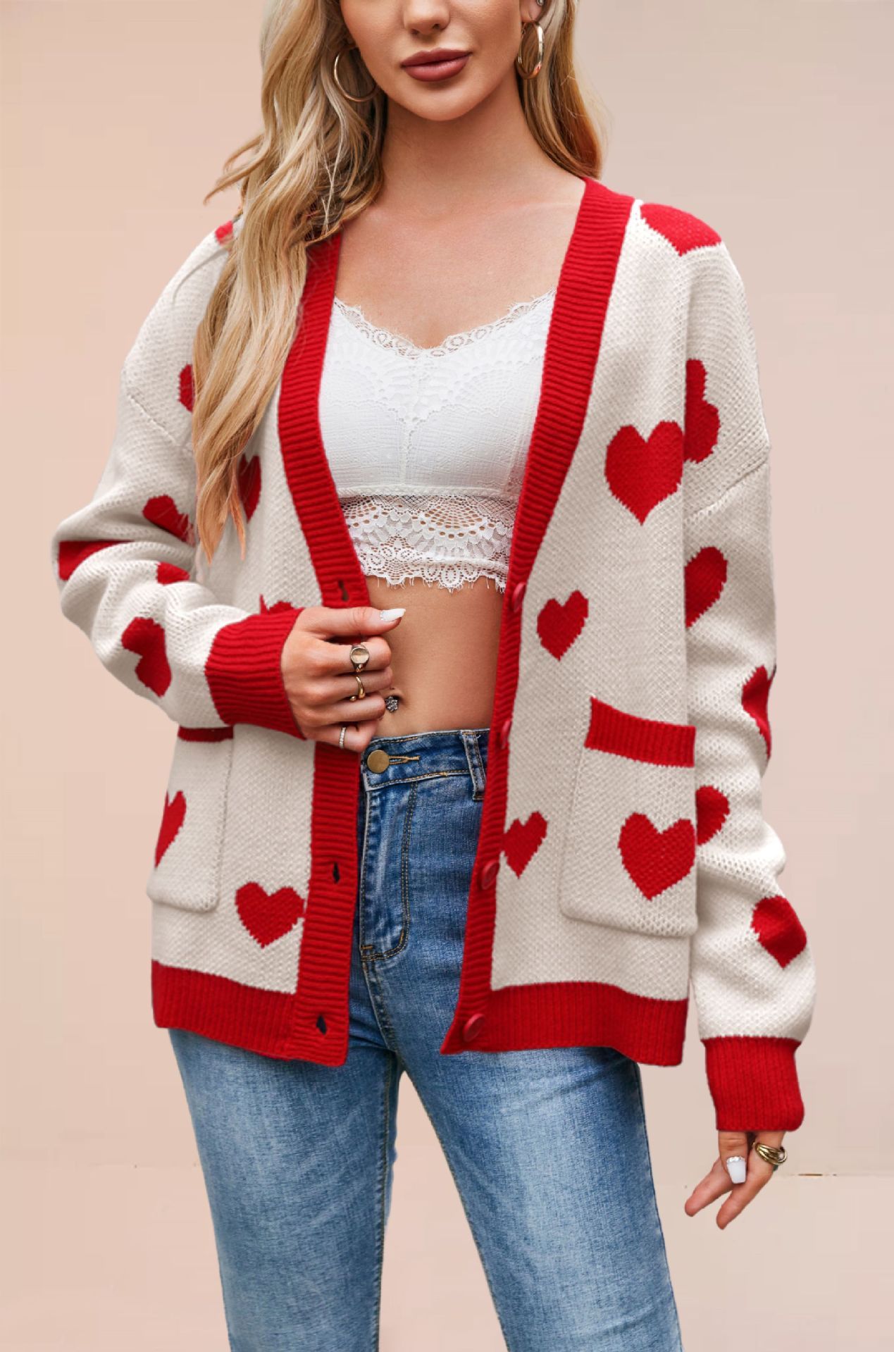 Heart Peach Knitted Cardigan Pocket V-neck Common Style Coat - Image 5