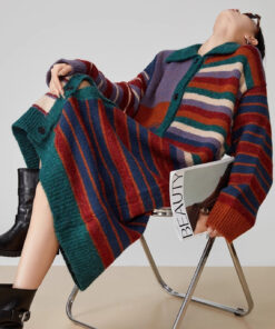 Retro Color Stripes Long Sweater Coat