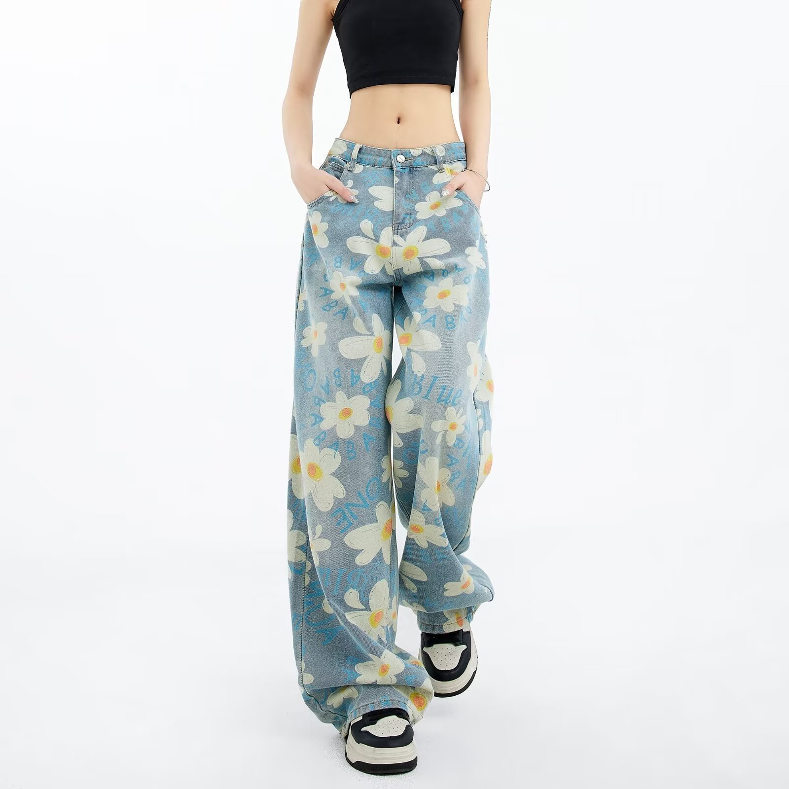 New Summer Printed Floral Wide-leg Washed Jeans For Women - Image 4