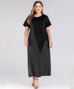 Big Size Women Dress Black Round Neck Short Sleeve Contrast Color Stripe Patchwork Maxi Dresses