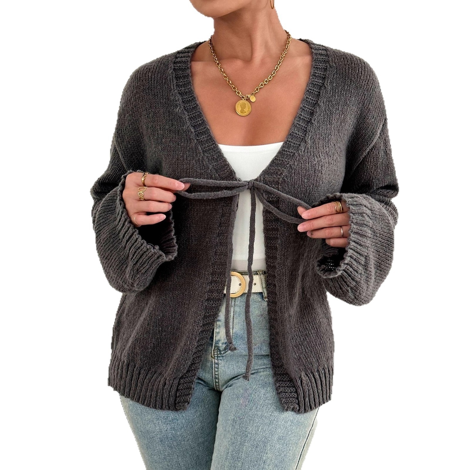 Sexy Deep V-neck Lace-up Knitted Solid Color Long Sleeve Sweater Coat - Image 3