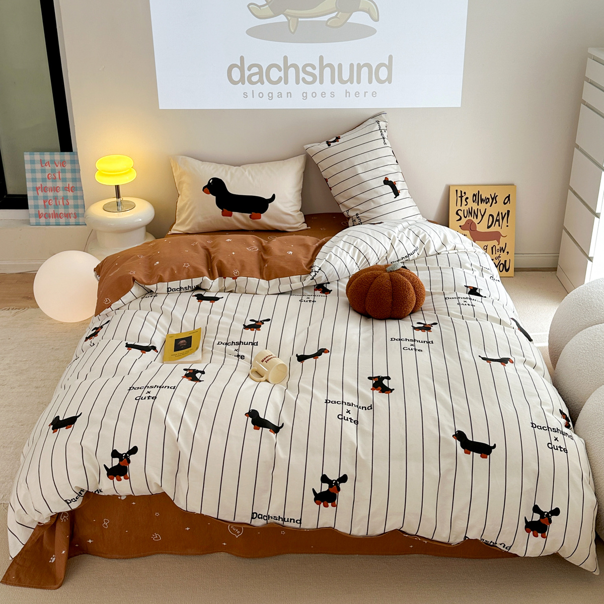 Cartoon Puppy Striped Four-piece Cotton Bedding Set - Image 9