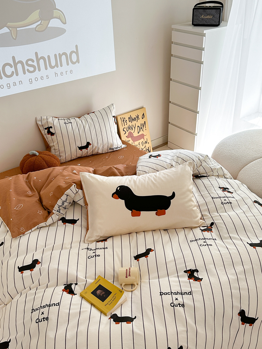 Cartoon Puppy Striped Four-piece Cotton Bedding Set - Image 2