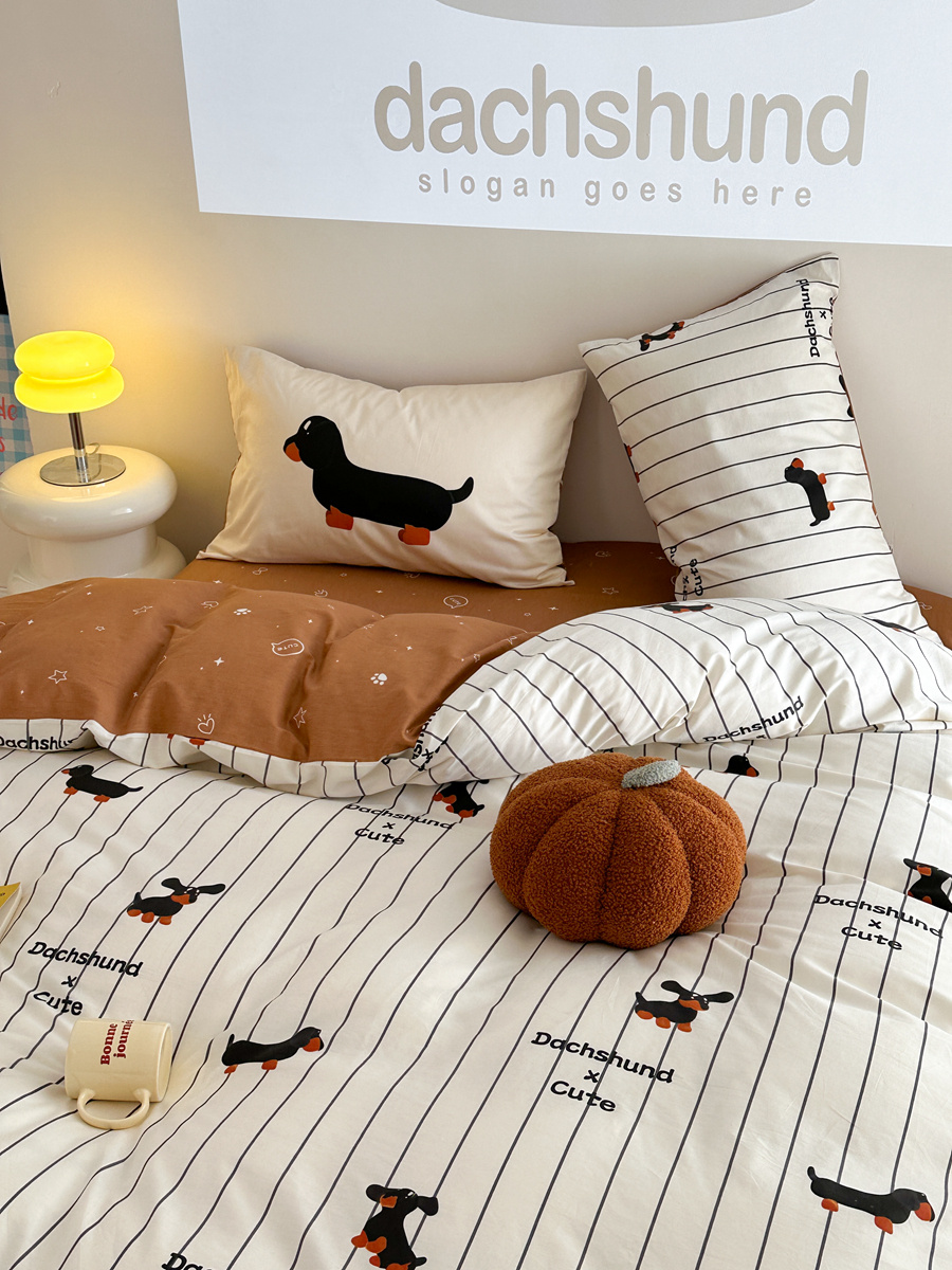 Cartoon Puppy Striped Four-piece Cotton Bedding Set - Image 8
