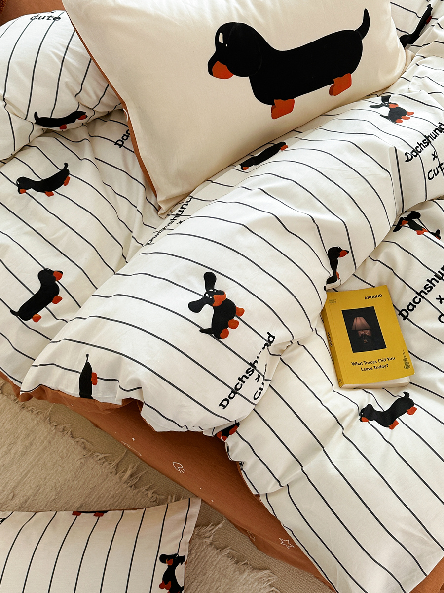 Cartoon Puppy Striped Four-piece Cotton Bedding Set - Image 5