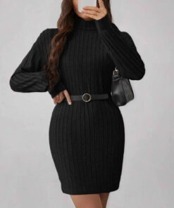 Women's Sunken Stripe Fleece Turtleneck Slim Dress