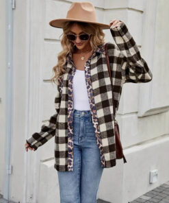 Autumn Houndstooth Leopard Print Contrast Color Plaid Long Sleeve Shirt Women's Clothing