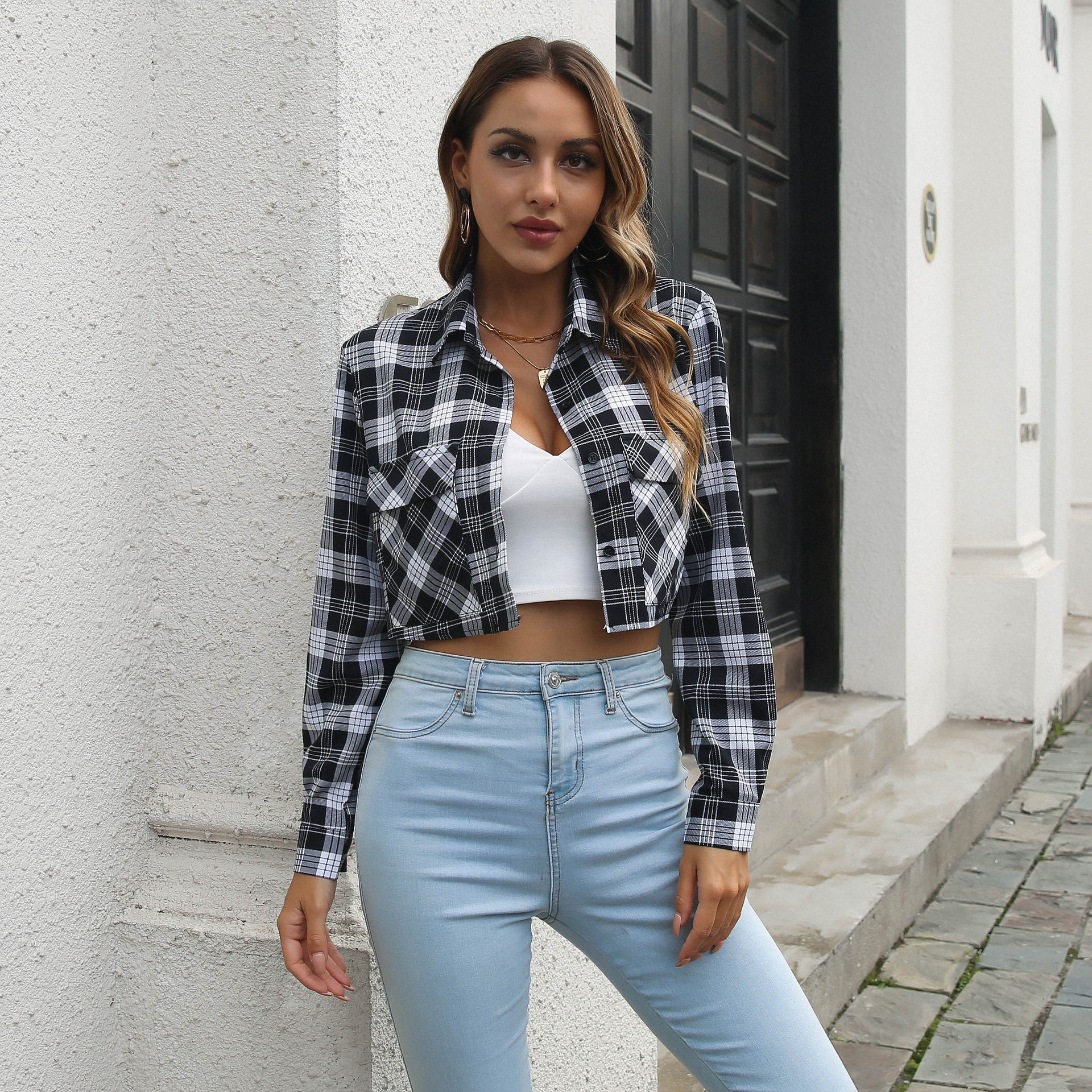 Plaid Zebra Print Pocket Long Sleeve Shirt Cropped Top Cardigan Thin Outerwear - Image 5