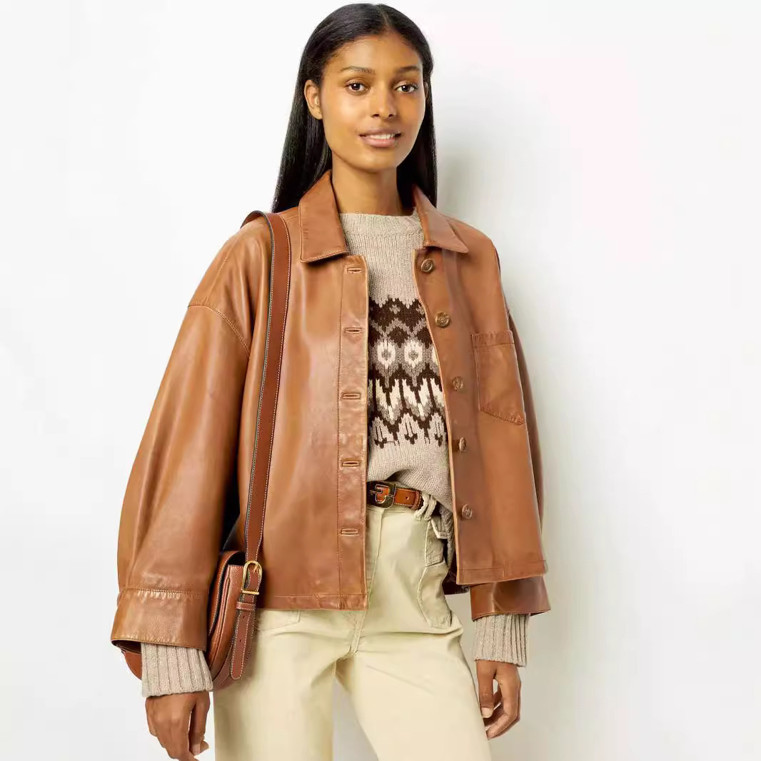 Elegant Brown PU Leather Coat