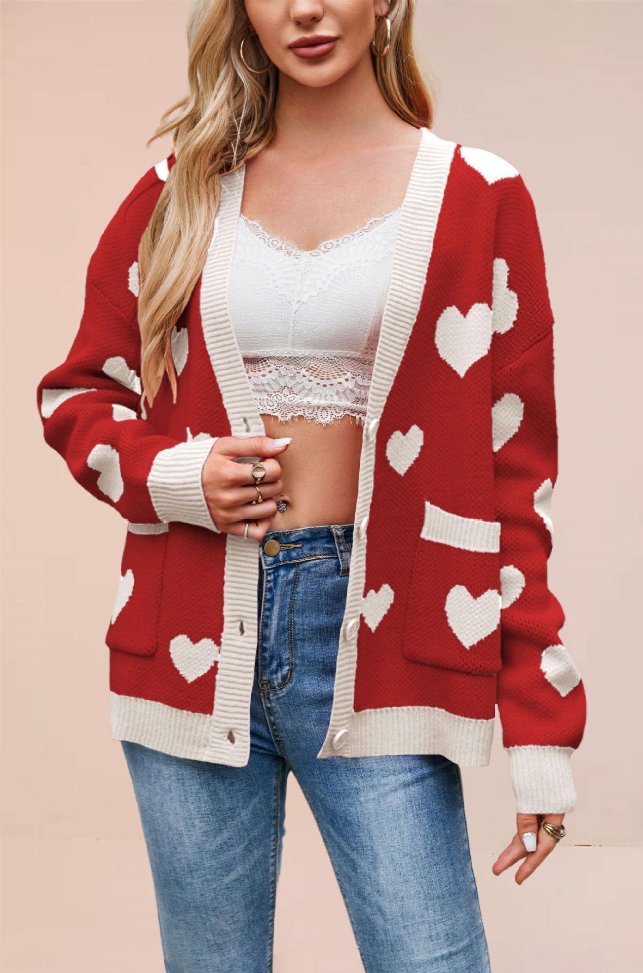Heart Peach Knitted Cardigan Pocket V-neck Common Style Coat - Image 3