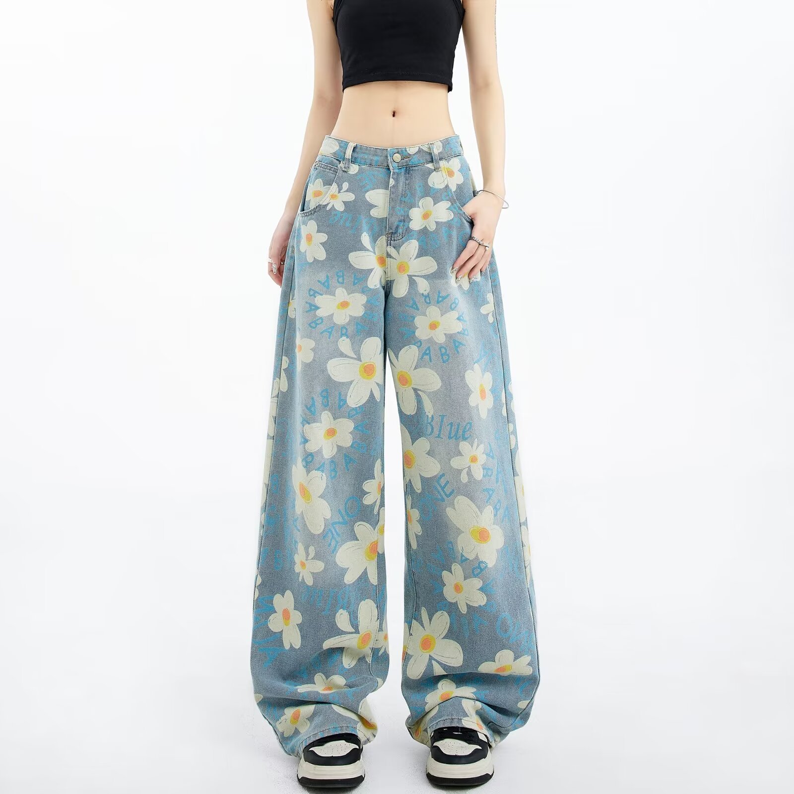 New Summer Printed Floral Wide-leg Washed Jeans For Women - Image 5