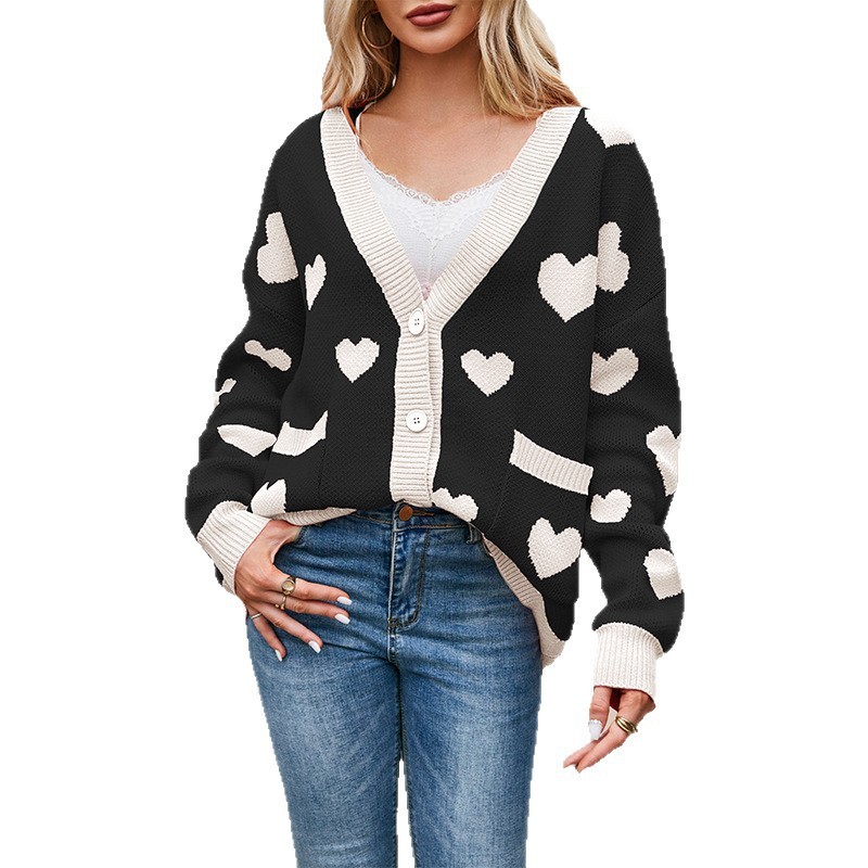 Heart Peach Knitted Cardigan Pocket V-neck Common Style Coat - Image 7