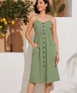 Strap Button Backless Dress Women