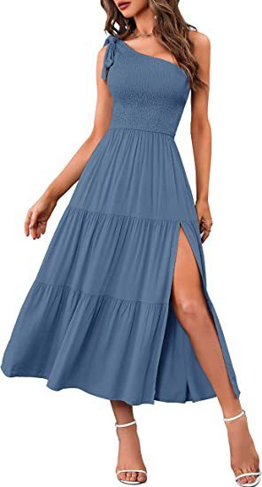 New Summer Fashion Women's One-shoulder Pleated Layered Hem Split Dress - Image 9