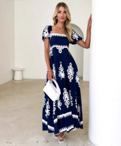 Vacation Style Printed Beach Dress Smocking Dress Women