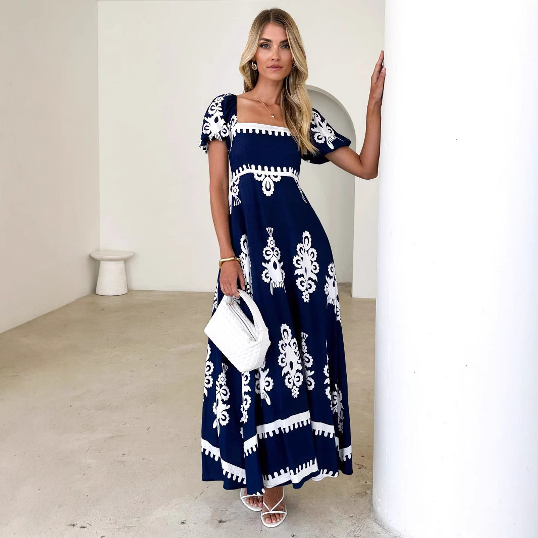 Vacation Style Printed Beach Dress Smocking Dress Women