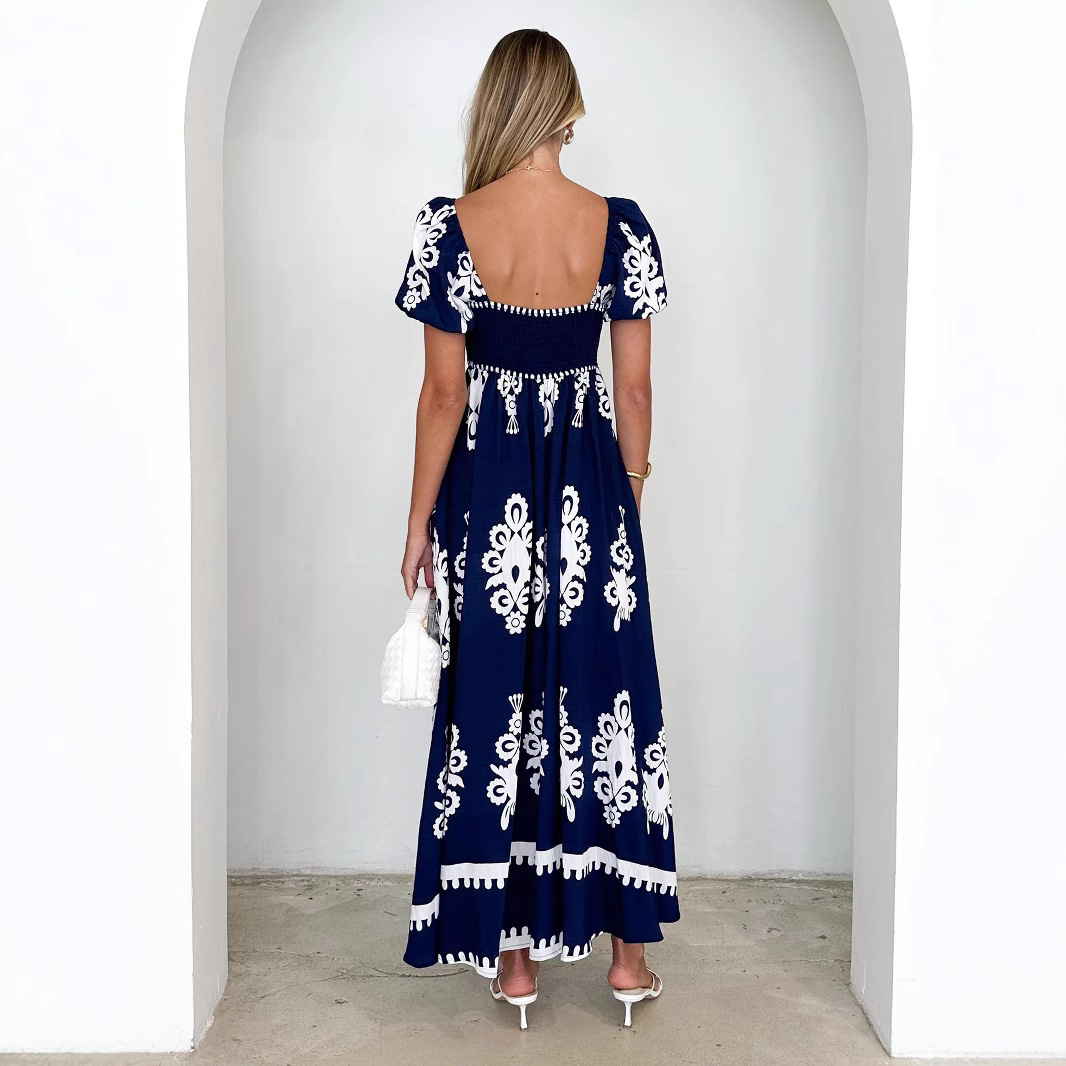 Vacation Style Printed Beach Dress Smocking Dress Women - Image 6