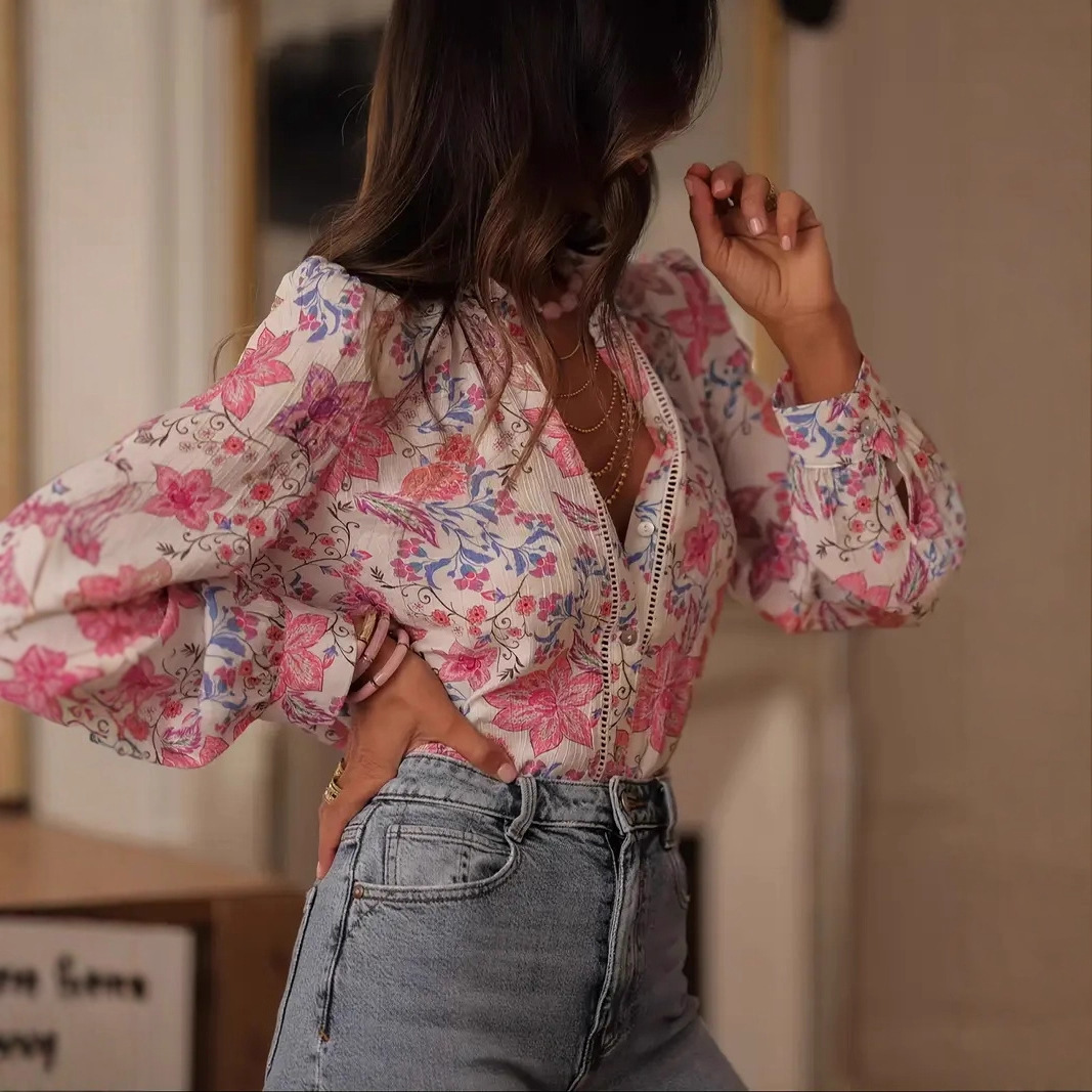 V-neck Single Breasted Shirt For Women - Image 2