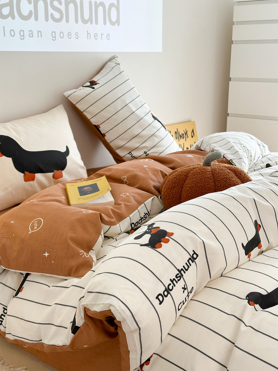 Cartoon Puppy Striped Four-piece Cotton Bedding Set - Image 4