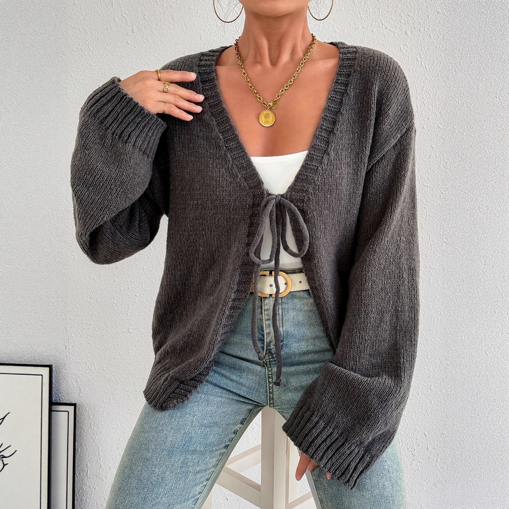 Sexy Deep V-neck Lace-up Knitted Solid Color Long Sleeve Sweater Coat - Image 5