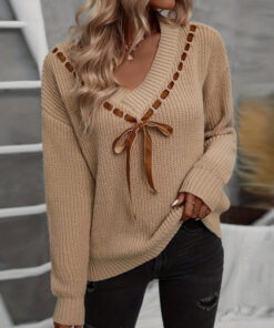 Sweater V-neck Bow Tie Versatile Pullover Top Women