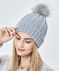 Fashion Stretchy Satin Lined Skull Knit Hats Beanie Hat For Women Faux Fur Pom Pom Hat Winter Keep Warming Beanie Hat