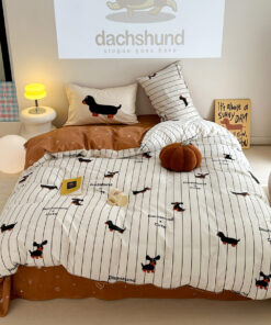 Cartoon Puppy Striped Four-piece Cotton Bedding Set