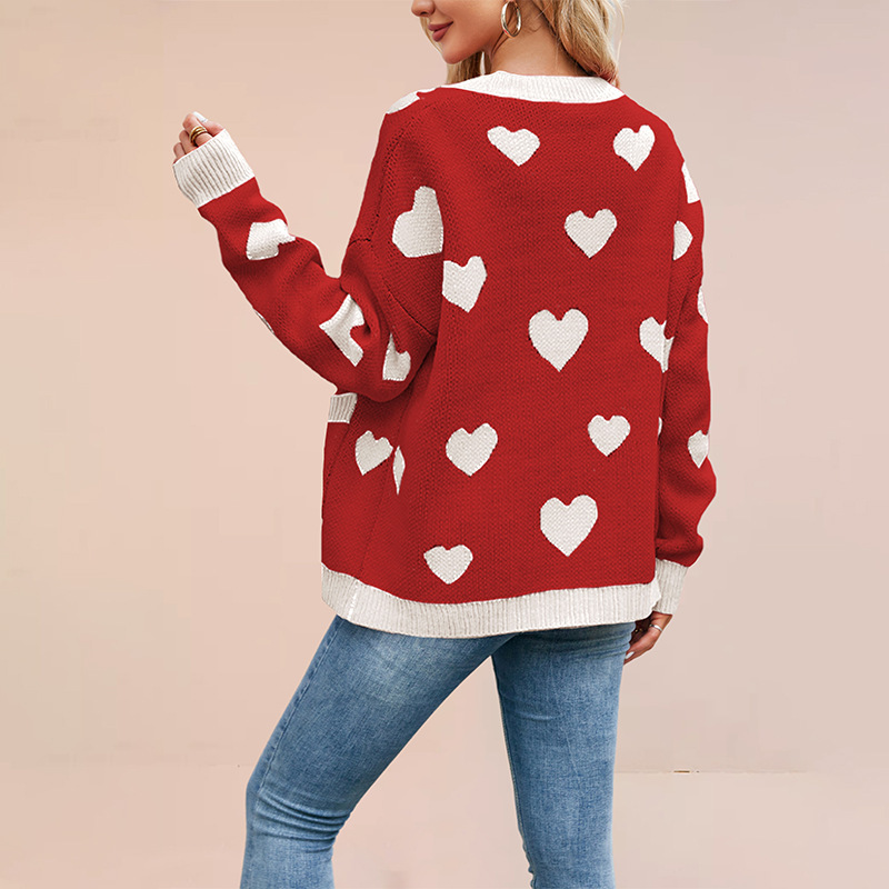 Heart Peach Knitted Cardigan Pocket V-neck Common Style Coat - Image 2