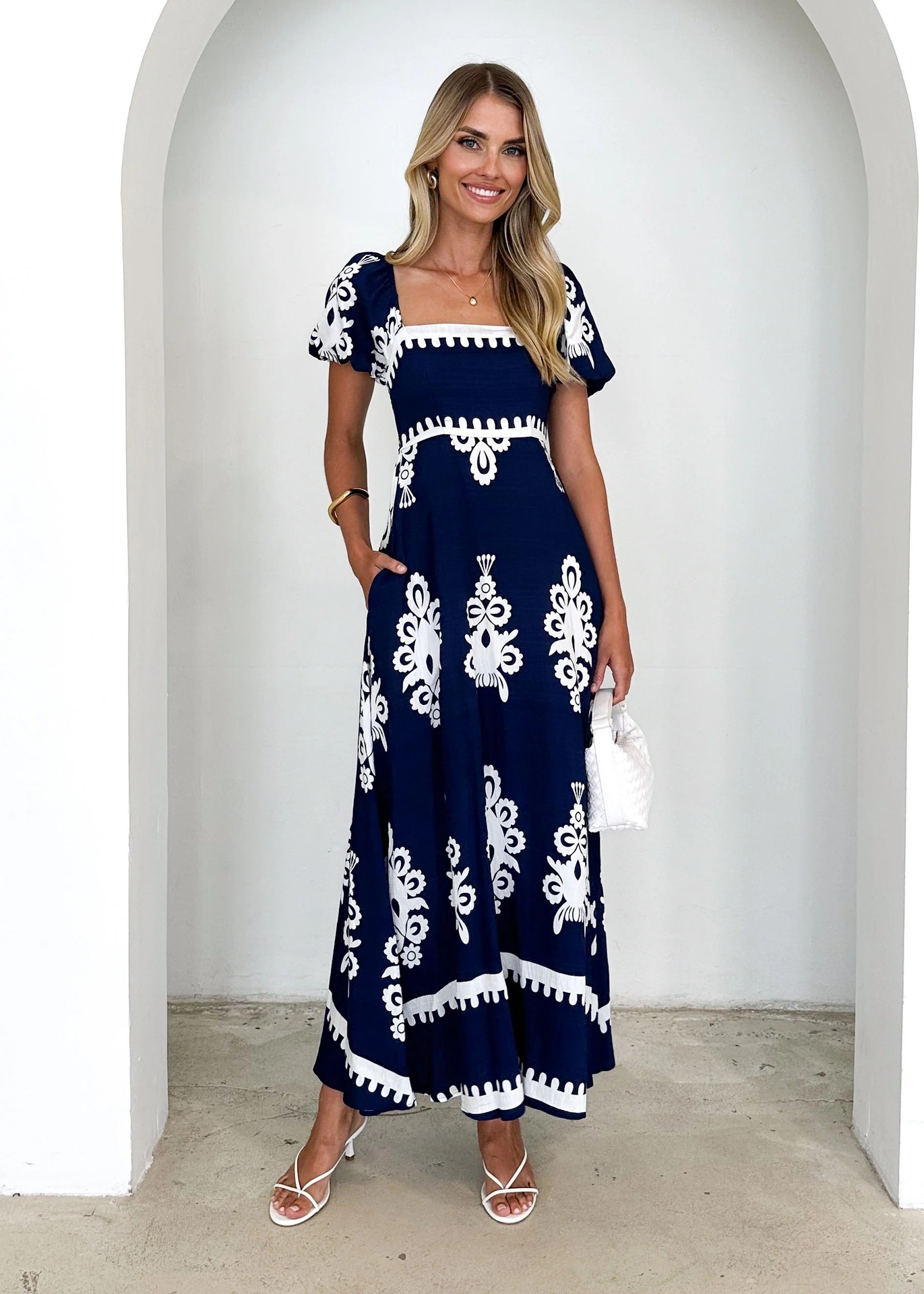 Vacation Style Printed Beach Dress Smocking Dress Women - Image 4