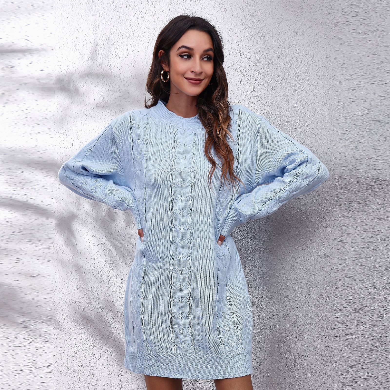 Twist Drop-shoulder Long-sleeve Sweater Women's Knitted Dress Loose