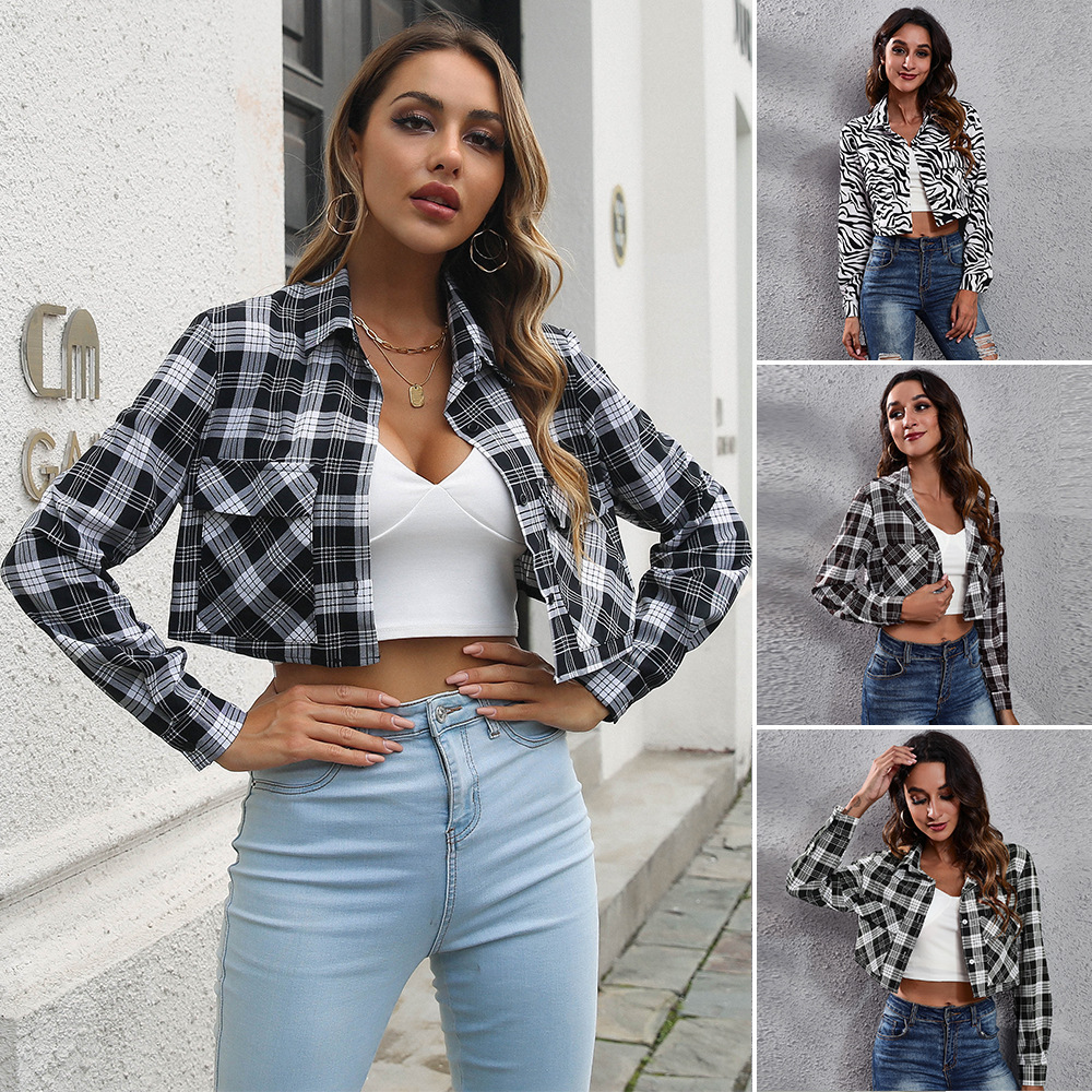 Plaid Zebra Print Pocket Long Sleeve Shirt Cropped Top Cardigan Thin Outerwear - Image 3