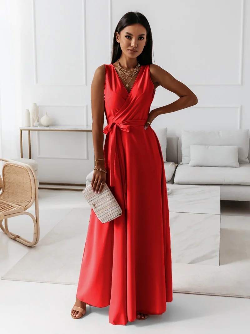 V-neck Sleeveless Dress With Belt Summer Fashion Party Club Evening Maxi Dresses For Women Clothing - Image 2