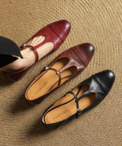 Women's T-shaped Buckle Old First Layer Cowhide Round Toe Flats