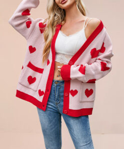 Heart Peach Knitted Cardigan Pocket V-neck Common Style Coat