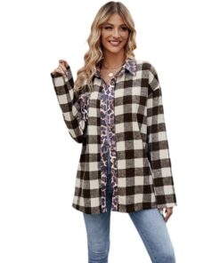 Alternative view of Autumn Houndstooth Leopard Print Contrast Color Plaid Long Sleeve Shirt Women's Clothing