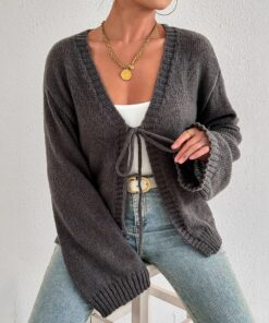 Sexy Deep V-neck Lace-up Knitted Solid Color Long Sleeve Sweater Coat