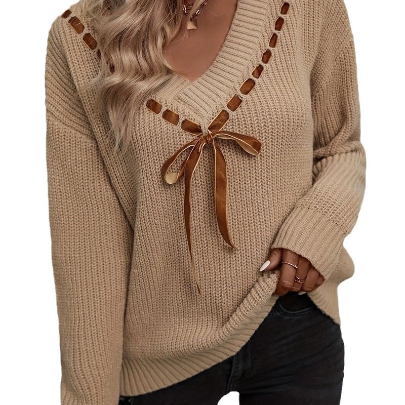 Sweater V-neck Bow Tie Versatile Pullover Top Women - Image 4