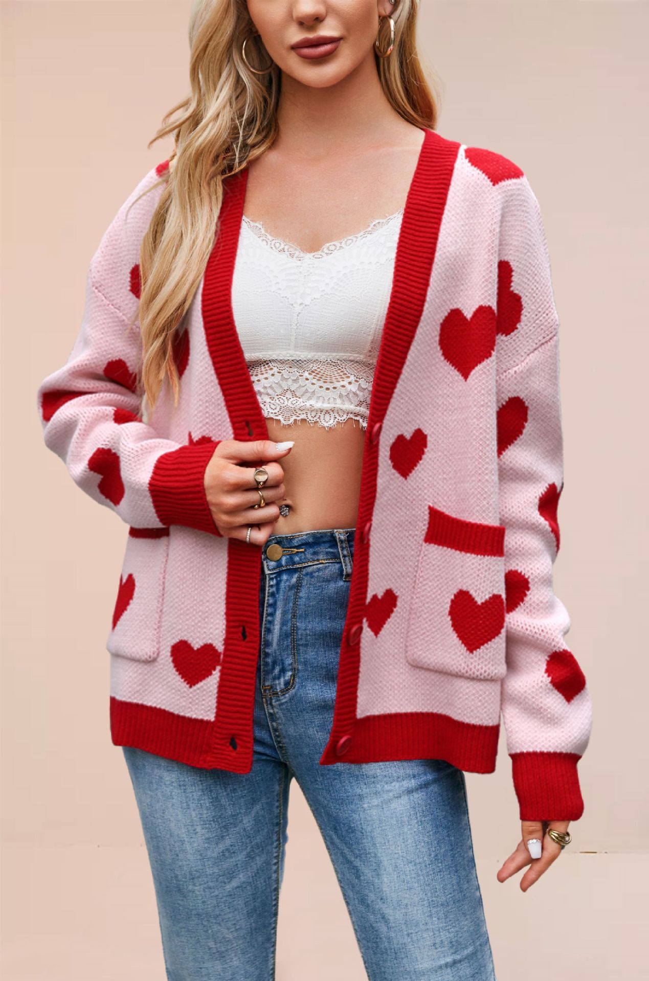 Heart Peach Knitted Cardigan Pocket V-neck Common Style Coat - Image 8