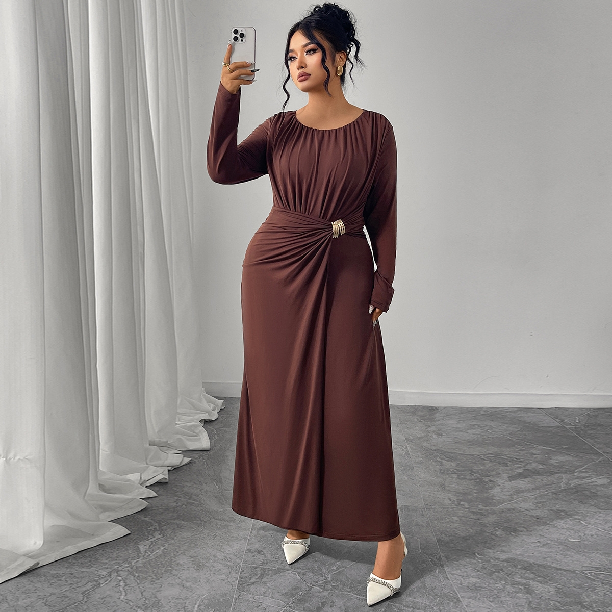 Fashion Coffee Color Dress For Women - Image 2