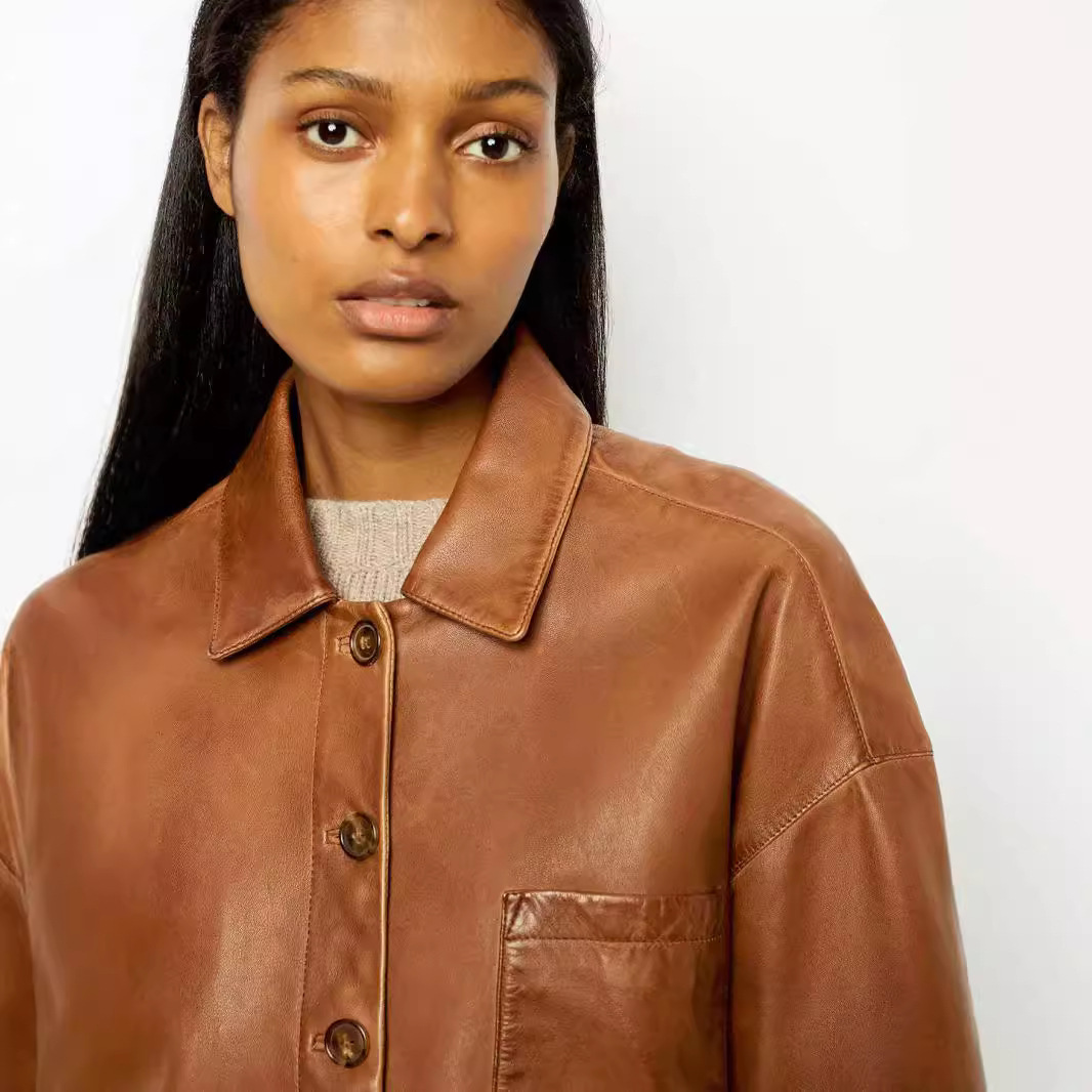 Elegant Brown PU Leather Coat - Image 5