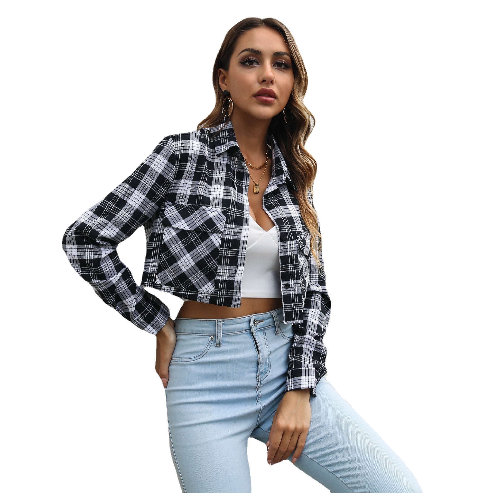Plaid Zebra Print Pocket Long Sleeve Shirt Cropped Top Cardigan Thin Outerwear - Image 6