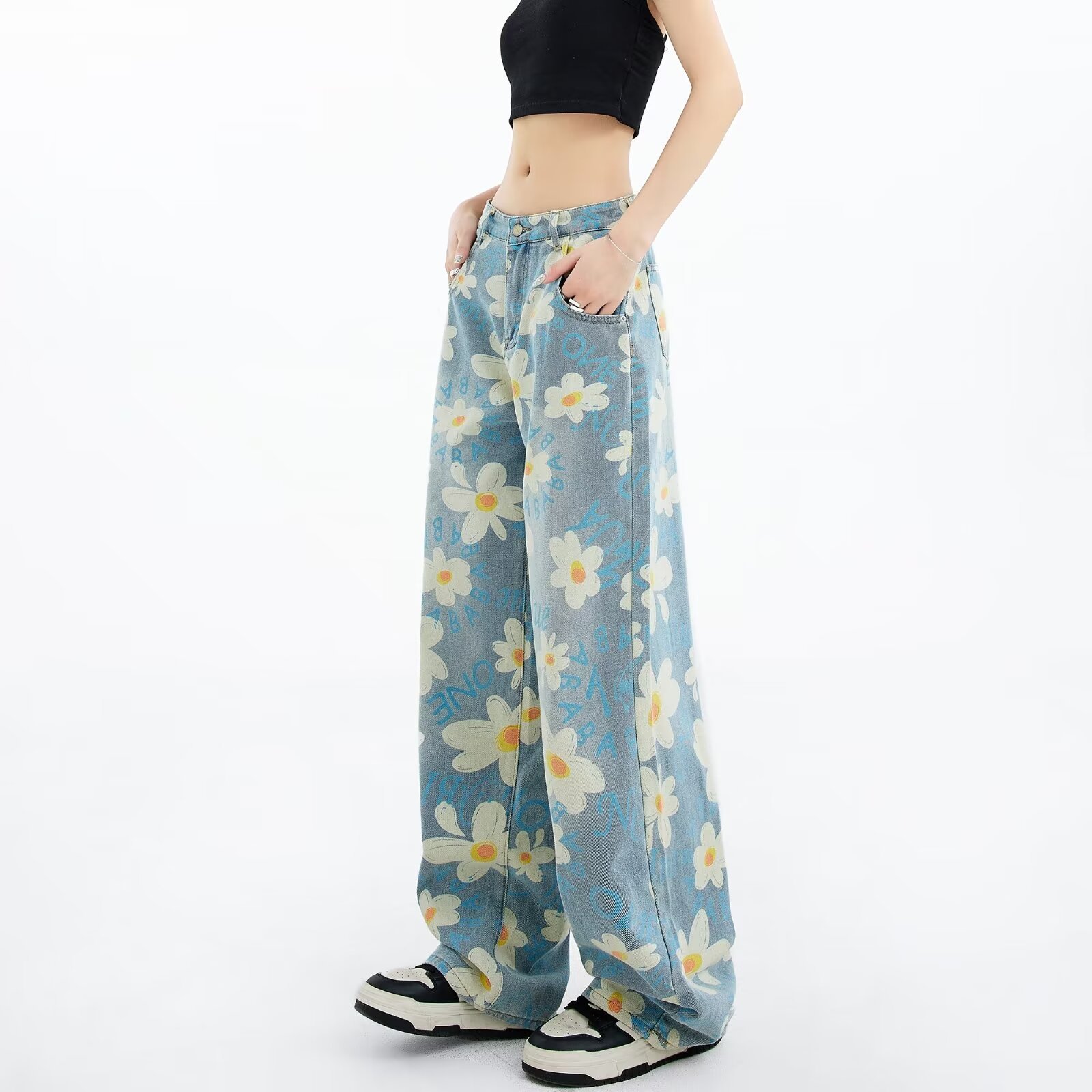 New Summer Printed Floral Wide-leg Washed Jeans For Women - Image 2
