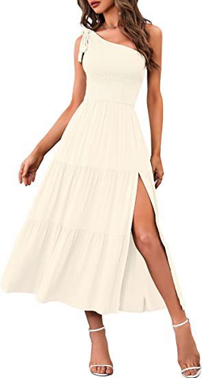 New Summer Fashion Women's One-shoulder Pleated Layered Hem Split Dress - Image 7