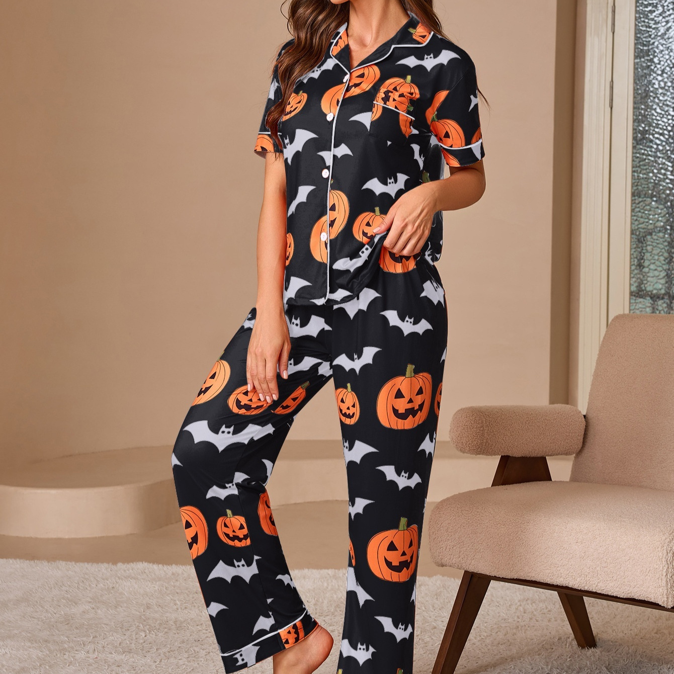 Women's Printed Pajamas Suit Fashionable Short-sleeved Shirt And Trousers - Image 2