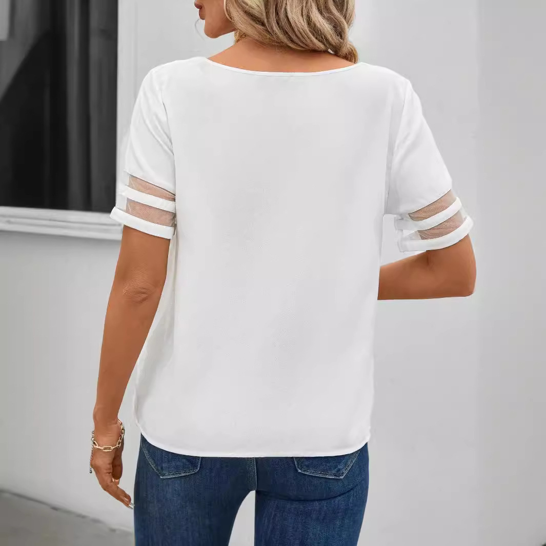 Summer Casual Simple Mesh Stitching Short Sleeve Women - Image 4