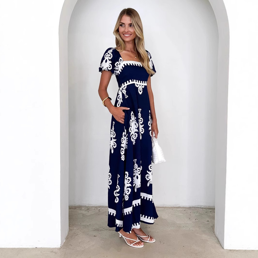 Vacation Style Printed Beach Dress Smocking Dress Women - Image 5